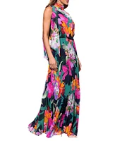 Xscape Pleated Chiffon Floral Print Halter Neck Scarf Sleeveless Blouson Maxi Dress
