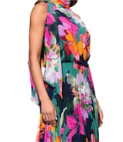 Xscape Pleated Chiffon Floral Print Halter Neck Scarf Sleeveless Blouson Maxi Dress
