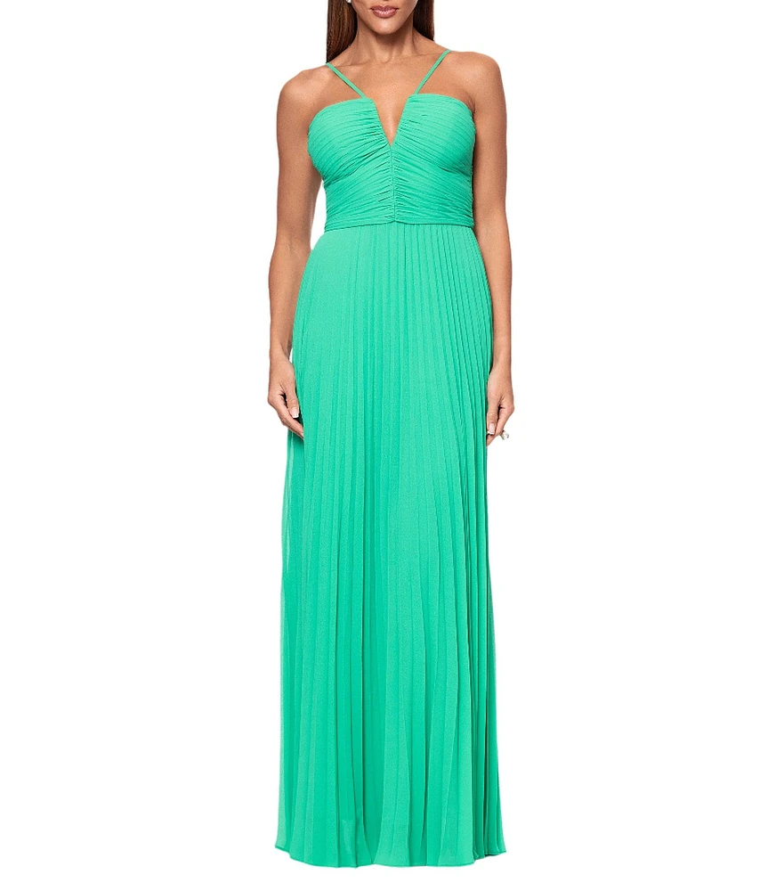 Xscape Pleated Chiffon Split V-Neck Sleeveless A-Line Gown