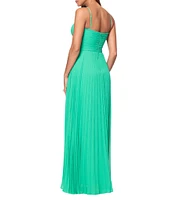 Xscape Pleated Chiffon Split V-Neck Sleeveless A-Line Gown