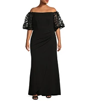 Xscape Plus Size 3D Floral Applique Scuba Crepe Off-the-Shoulder Short Puffed Sleeve Sheath Gown