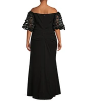 Xscape Plus Size 3D Floral Applique Scuba Crepe Off-the-Shoulder Short Puffed Sleeve Sheath Gown