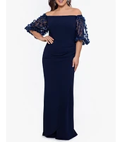 Xscape Plus Size 3D Floral Applique Scuba Crepe Off-the-Shoulder Short Puffed Sleeve Sheath Gown