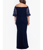 Xscape Plus Size 3D Floral Applique Scuba Crepe Off-the-Shoulder Short Puffed Sleeve Sheath Gown