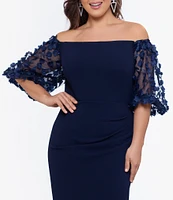 Xscape Plus Size 3D Floral Applique Scuba Crepe Off-the-Shoulder Short Puffed Sleeve Sheath Gown