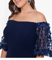 Xscape Plus Size 3D Floral Applique Scuba Crepe Off-the-Shoulder Short Puffed Sleeve Sheath Gown