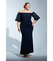 Xscape Plus Size 3D Floral Applique Scuba Crepe Off-the-Shoulder Short Puffed Sleeve Sheath Gown