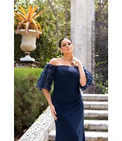 Xscape Plus Size 3D Floral Applique Scuba Crepe Off-the-Shoulder Short Puffed Sleeve Sheath Gown