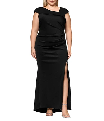 Xscape Plus Size Asymmetrical Neck Short Sleeve Sheath Gown