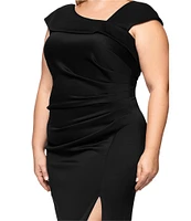 Xscape Plus Size Asymmetrical Neck Short Sleeve Sheath Gown