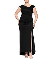Xscape Plus Size Asymmetrical Neck Short Sleeve Sheath Gown