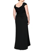 Xscape Plus Size Asymmetrical Neck Short Sleeve Sheath Gown