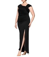 Xscape Plus Size Asymmetrical Neck Short Sleeve Sheath Gown