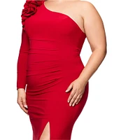 Xscape Plus Size Asymmetrical Ruffle Shoulder Long Sleeve Sheath Dress
