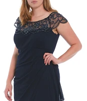 Xscape Plus Size Beaded Cap Sleeve Illusion Crew Neck Ruched Gown