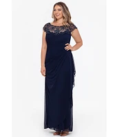 Xscape Plus Size Beaded Cap Sleeve Illusion Crew Neck Ruched Gown