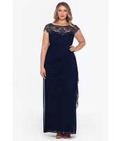 Xscape Plus Size Beaded Cap Sleeve Illusion Crew Neck Ruched Gown