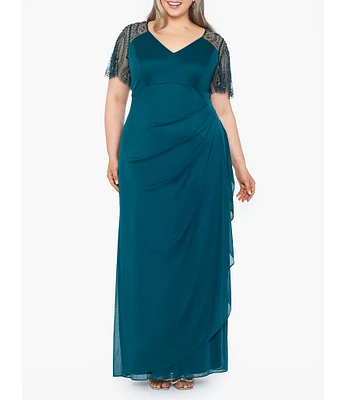 Xscape Plus Size Beaded Short Flutter Sleeve V-Neck Jersey Gown