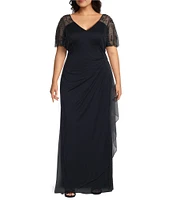 Xscape Plus Size Beaded Short Flutter Sleeve V-Neck Jersey Gown