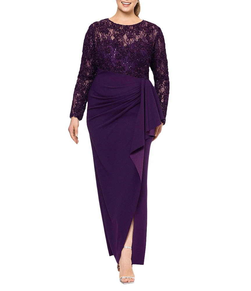 Xscape Plus Size Boat Neck Illusion Sleeve Ruched Waist Lace Gown