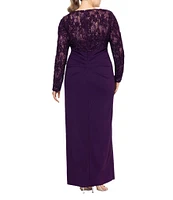 Xscape Plus Size Boat Neck Illusion Sleeve Ruched Waist Lace Gown