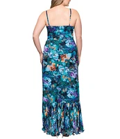 Xscape Plus Size Chiffon Strapless Floral Print Wrap Front Ruffle Dress