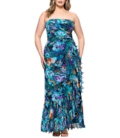 Xscape Plus Size Chiffon Strapless Floral Print Wrap Front Ruffle Dress