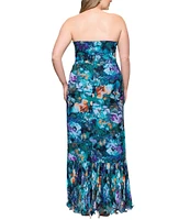 Xscape Plus Size Chiffon Strapless Floral Print Wrap Front Ruffle Dress