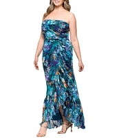 Xscape Plus Size Chiffon Strapless Floral Print Wrap Front Ruffle Dress