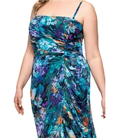 Xscape Plus Size Chiffon Strapless Floral Print Wrap Front Ruffle Dress
