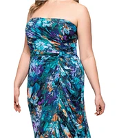 Xscape Plus Size Chiffon Strapless Floral Print Wrap Front Ruffle Dress