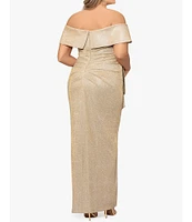 Xscape Plus Size Glitter Metallic Off-The-Shoulder Short Sleeve Gathered Ruffle Side Slit Sheath Gown