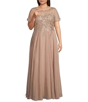 Xscape Plus Size Illusion Boat Neck Embroidered Sequin Bodice Chiffon Gown