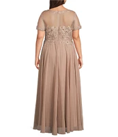 Xscape Plus Size Illusion Boat Neck Embroidered Sequin Bodice Chiffon Gown