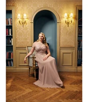 Xscape Plus Size Illusion Boat Neck Embroidered Sequin Bodice Chiffon Gown