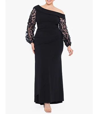 Xscape Plus Size Long Sleeve Asymmetrical Neck 3D Flower Long Scuba Crepe Dress