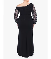 Xscape Plus Size Long Sleeve Asymmetrical Neck 3D Flower Long Scuba Crepe Dress