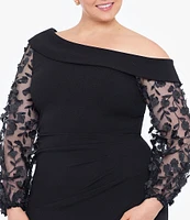 Xscape Plus Size Long Sleeve Asymmetrical Neck 3D Flower Long Scuba Crepe Dress