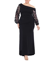 Xscape Plus Size Long Sleeve Asymmetrical Neck 3D Flower Long Scuba Crepe Dress