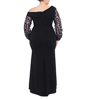 Xscape Plus Size Long Sleeve Asymmetrical Neck 3D Flower Long Scuba Crepe Dress