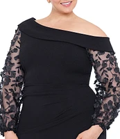 Xscape Plus Size Long Sleeve Asymmetrical Neck 3D Flower Long Scuba Crepe Dress