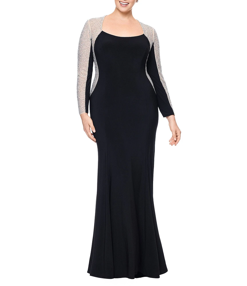 Xscape Plus Size Long Sleeve Square Neck Crystal Beaded Gown