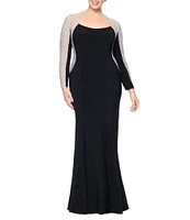 Xscape Plus Size Long Sleeve Square Neck Crystal Beaded Gown