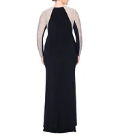 Xscape Plus Size Long Sleeve Square Neck Crystal Beaded Gown