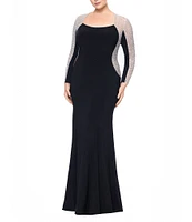 Xscape Plus Size Long Sleeve Square Neck Crystal Beaded Gown