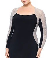 Xscape Plus Size Long Sleeve Square Neck Crystal Beaded Gown