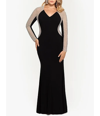 Xscape Plus Size Long Sleeve V-Neck Crystal Beaded Gown