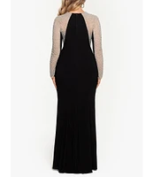 Xscape Plus Size Long Sleeve V-Neck Crystal Beaded Gown