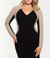 Xscape Plus Size Long Sleeve V-Neck Crystal Beaded Gown