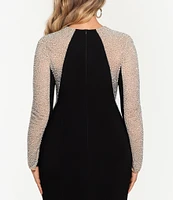 Xscape Plus Size Long Sleeve V-Neck Crystal Beaded Gown